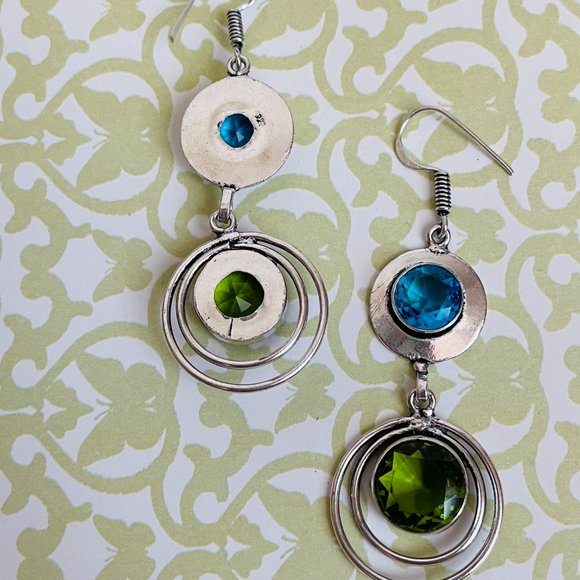 Blue Topaz/Peridot Gemstone 925 Sterling Silver Plated Artisan Dangle Earrings - Picture 2 of 7